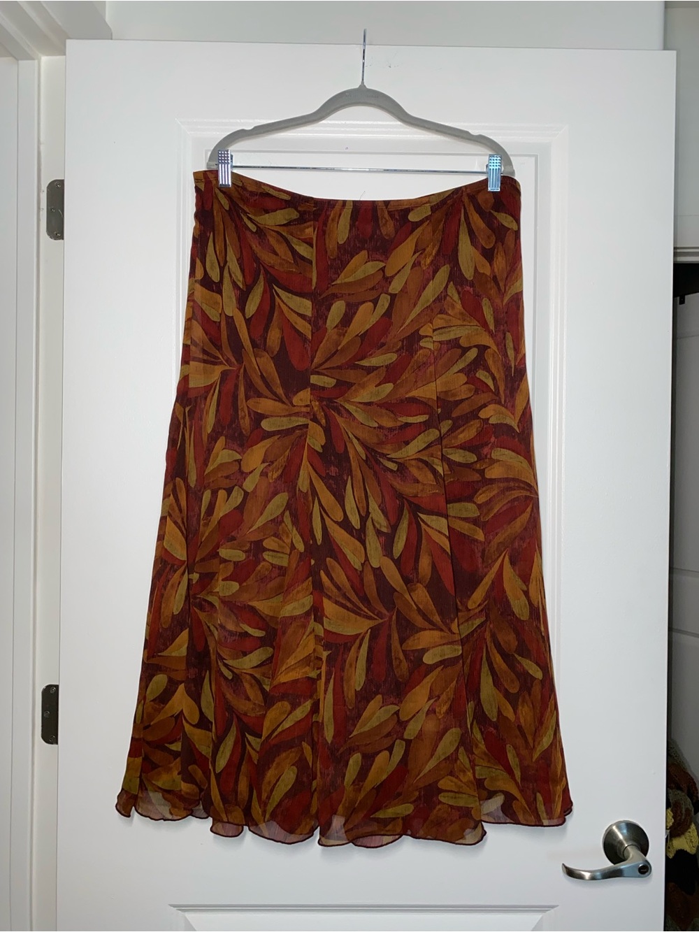 Ruby Rd. Rust and Mustard Leaf-Print A-Line Skirt